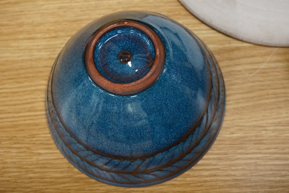 A group of five pieces of Studio pottery, some with impressed signatures to include a hexagonal jar and dishes, largest 25cm high